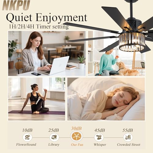 NKPU 52 Inch Farmhouse Crystal Ceiling Fans with Lights and Remote, Chandelier Industrial Ceiling Fan with Dual 8 Blades, 6 Speed Reversible Motor, Timing, Black Ceiling Fan for Living room Bedroom - color: Black-288
