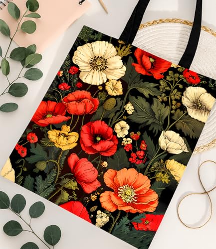 Aesthetic Floral Canvas Tote Bag - Reusable Shoulder Tote Bag for Women Lady Casual Vacation, Shopping, Work, Gym - color: Dark Floral001