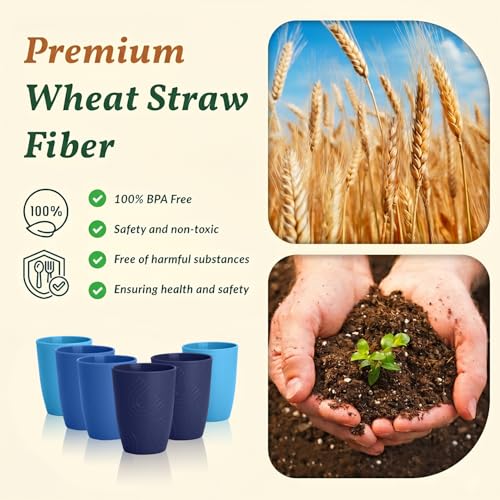 Homienly Cup Sets for Kitchen 12oz Wheat Straw Cups Unbreakable Drinking Cups Set of 6 - Lightweight,Reusable Cups for Kitchen, Outdoor- Blue Sky - color: Ocean, size: 12 Ounces