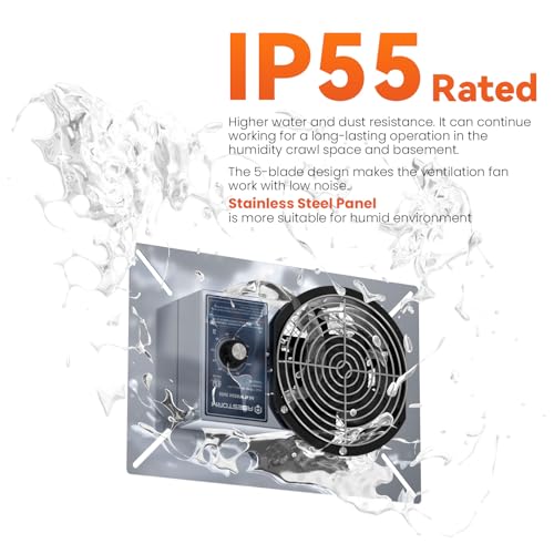 Abestorm 260CFM Crawl Space Ventilation Fan, IP-55 Rated Commercial Stainless Steel Vent Fan with Humidistat & Thermostat, 6.7 Inch Ventilator with Isolation Mesh for Crawlspace, Basement, Garage | Stainless Steel Vent Fan smart Digital Panel, Temperature