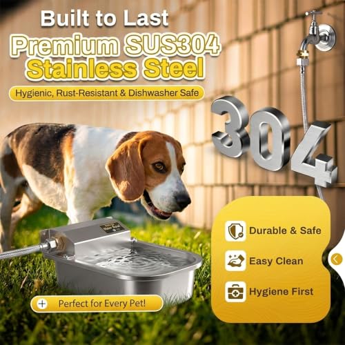 Automatic Self-Filling Dog Water Bowl,3L/101oz | Stainless Steel Outdoor Large Capacity Pet Water Dispenser with Float Valve,Fits 3/4" Garden Hose for Dogs,Cats&Livestock