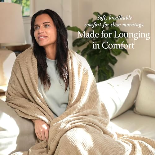 Threadmill Luxury Cotton Blankets for Queen Size Bed | All-Season 100% Cotton Queen Size Blanket | Herringbone Cozy, Soft Breathable Fall Thermal Blanket fits Full Size Bed, 90x92 | Beige | All-Season Thermal Blanket, Soft & Breathable, Cozy Moisture-Wick