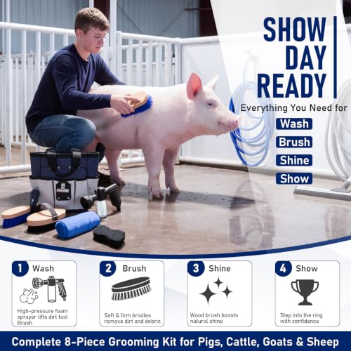 Thenshop Show Pig Supplies Starter Kit 8 Pcs, Swine Grooming Set with Foam Sprayer Pig Brushes 600d Tote Bag Microfiber Towel Leather Number Holder for County Fair Livestock Competition