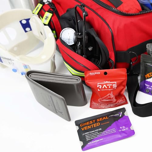 Lightning X Fully Stocked X-Tuff Modular Oxygen Trauma Bag w/Removable Organizer Pouches for EMS/EMT + First Responder - Red - color: Red