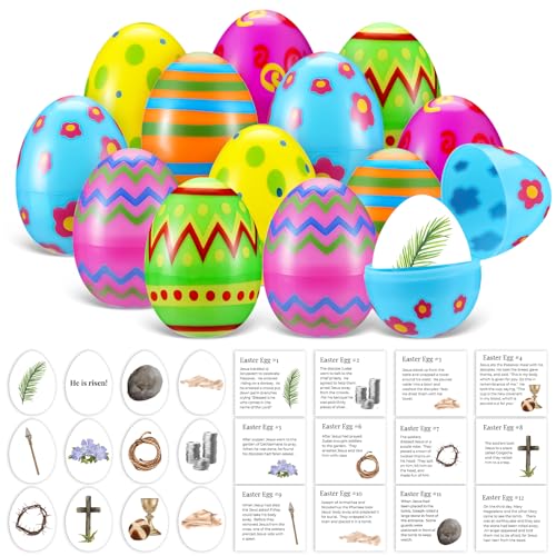 MiniInflat 12 Pcs Resurrection Easter Story Eggs with Matching Religious Easter Story Cards Holy Week Cards Christian Empty Eggs for Basket Stuffers Christian Decor (Novelty)