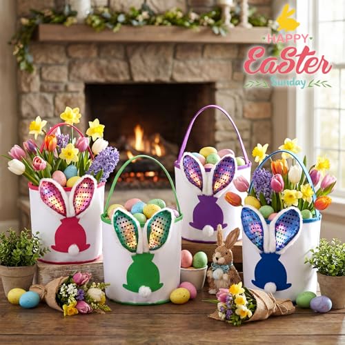 Honeydak 4 Pcs Lighted Easter Baskets for Kids Bunny Easter Egg Hunt Bags Canvas Tote Gift Bags Egg Buckets with Handles for Eggs Hunt, Toys, Candy, Gifts Party Favors(Paillette Rabbit Ear) - style: Paillette Bunny Ear