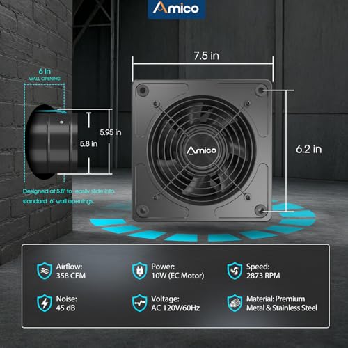 Amico 6" Kitchen Exhaust Fan, Remote 9-Speed, 10W EC Motor, 358 CFM | High Airflow Wall Mount Extractor Fan, Garage, Attic, Greenhouse, 8-Hr Timer, Low Noise 50dB, 3-Year Protection - size: 6 inch