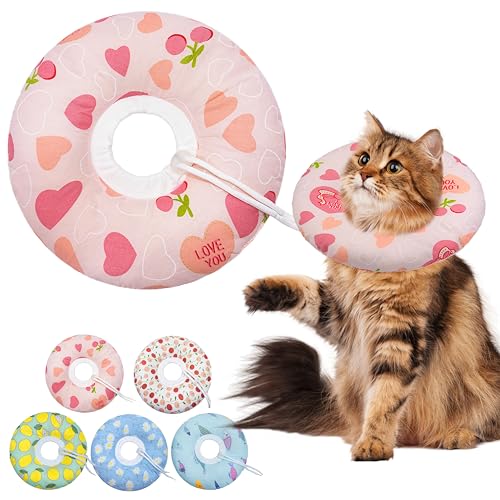 Seyezo Cat Cone Collar Soft, Adjustable Cat Recovery Cone, Pink Heart, L | for Small Medium Large Cats, Cute Donut E Collar After Surgery, Anti-Lick Recovery Elizabethan Collar for Kittens - color: Pink Heart, size: Large