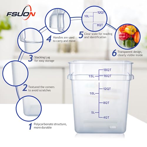 4 Pack 18 Qt Square Polycarbonate Food Storage Containers with Lids | Clear BPA-free PC with lids, side handles, measurement scale and stackable design; for food prep, storage and freezer use. - color: 18Qt