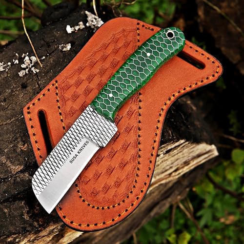 Custom Handmade 7'' fixed blade hoof rasp knife/Cow boy knife/Bull cutter Cowboy knives with pancake leather sheath (GREEN CONE) - color: GREEN CONE