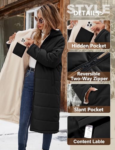 Yusongirl Women's Reversible Long Winter Puffer Coat with Hood and Fleece | Two wearable sides for winter commutes, school runs and city errands, with quilted warmth, soft fleece, a hood and pockets - color: Black, size: X-Large