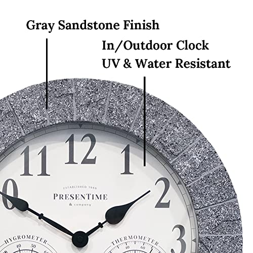 Sandstone Outdoor Clock | Weather Station with Thermometer & Hygrometer, 14", Gray Sandstone Finish, Outdoor Wall Décor