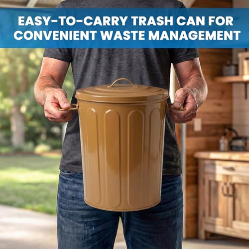 Plexon 5 Gallon Small Metal Trash Can with Lid Outdoor Galvanized Steel Bucket with Lid 5 Gal Storage Can for Dog Food Bird Seed Storage Container, Brown - color: Brown