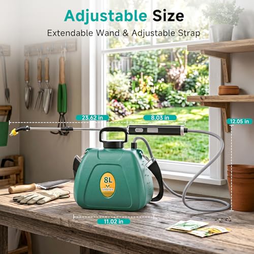 Battery Powered Garden Sprayer 2 Gallon, 7.4V High Pressure Rechargeable Weed Sprayer with 3 Pressure Mode, 5 Spray Nozzles, Telescopic Wand, Battery Indicator, Adjustable Strap for Lawn Garden, Green - color: Green