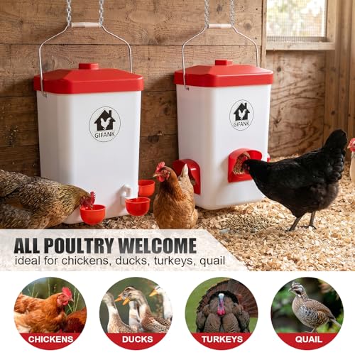 Chicken Automatic Feeder and Waterer Set,Chicken Water Feeder | 3 Gallon,Hanging Chicken Feeder and Waterer Set,with Nipples and Feeding Ports No Waste,Poultry Leg Band