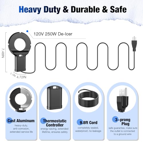 250W Utility De-Icer with Thermostat, Durable Cast Aluminum Submersible Water Heater for Bird Bath, Chicken Water, Livestock Tank, 9.8ft Cord, Black - size: 250W