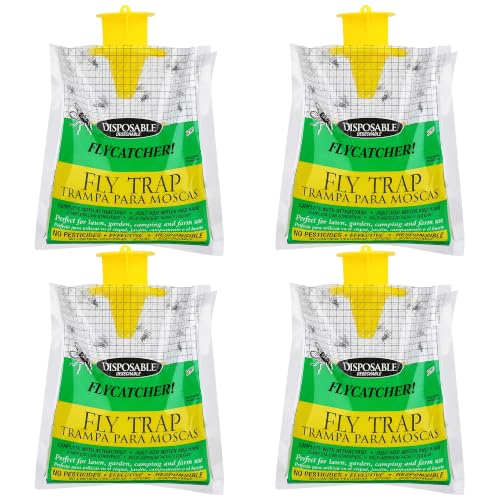 Outdoor Fly Traps 4 Pack,Hanging Fly Catcher Bags,Disposable Flies Killer for Outside Trash Areas,Horse,Ranch,Barns,Stables,Yard,Patio,Poultry Farm & Heavy Fly Control.