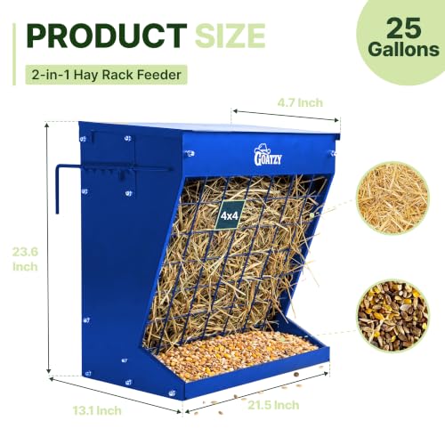Wall Mount Hay Rack And Hay Feeder For Goats Sheep And Horses, Covered Galvanized Steel Goat Hay Feeder With Hinged Roof, 25 Gallon 2-In-1 No Waste Hanging Holder Grain Bin with hook For Cattle - color: Blue