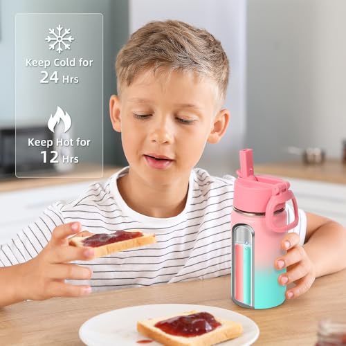 Volhoply 14oz KIds Stainless Steel Insulated Leakproof Water Bottle with Straw Lid and Silicone Boot,BPA-Free Easy Use for Boys&Girls,Double Wall Vacuum Bottles(Pink Green,1) - color: Pink Green