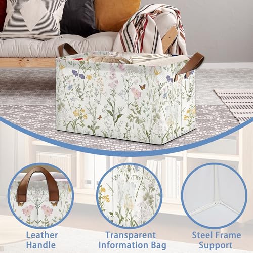 Wildflowers Butterfly Storage Baskets,Plants Botanical Foldable Large Capacity Organizer Bins with Waterproof Lining and Leather Handles for Closet,Shelf,Bedroom 17x11.5x10Inch - color: Wildflowers Butterfly Plants Botanical
