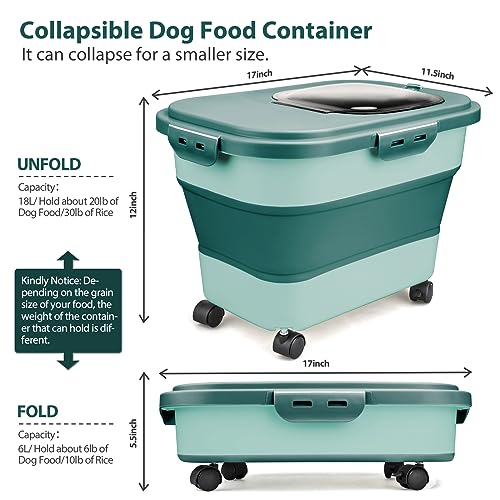 Viretec Dog Food Storage Container, 10-20Lbs Collapsible Pet Food Storage Containers with Rolling Wheel Airtight Locking Lid, Dry Food Storage Bin with Cup and Scoop,Suitable for Pet Food, Flour, Rice - color: Green