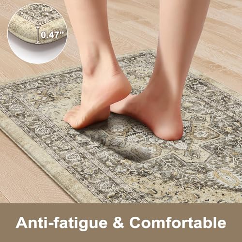 KIMODE Anti Fatigue Kitchen Mat, Boho Distressed Kitchen Rugs Sets of 2 | Kitchen Floor Mats Non Slip Cushioned, Waterproof Standing Mat for Laundry, Office, Sink, Desk, Brown 17"x47"+17"x29" - color: Boho Brown/Multi, size: 17.3" x 47"+17.3" x 29"--0.47