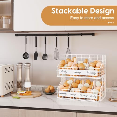 Egg Holder Countertop with 5 Dividers & DIY Labels to Separate Eggs, 2-Tier Stackable Wire Baskets, XXL Egg Basket for Gathering Fresh Eggs - Egg Organizer for Wall-Mounted(Patent Pending), White - color: White, size: 2-Tier X-Large