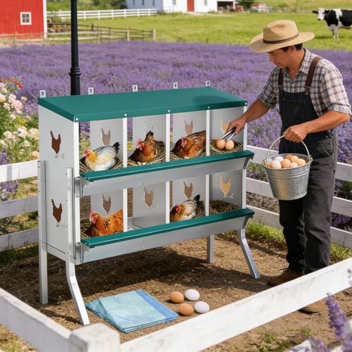 Chicken Nesting Box, 8 Compartments Nesting Box with 4 Fake Eggs & 10 Soft Nest Pads, Wall Mounting for Easy Egg Collection, Heavy Duty Galvanized Steel Rustproof Laying Box with Vented & Easy Clean - size: 8 compartment with Legs