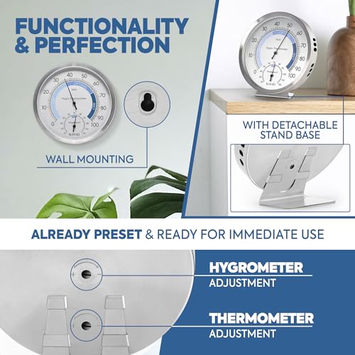 Analog Hygrometer – Thermometer Hygrometer for Indoor – Premium Stainless Steel Humidity Gauge Indicator – Temperature and Humidity Monitor – Battery Free Operation – Ø 12.5 cm