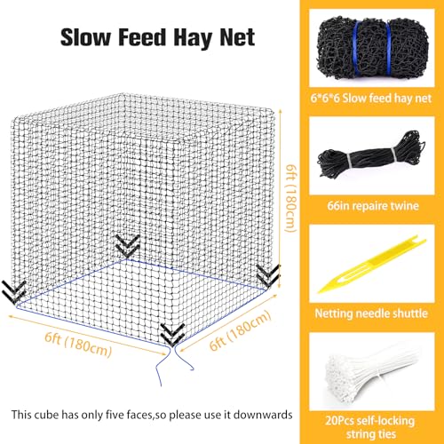 6x6ft Round Bale Hay Net for Horses - Large Size Thick & Durable, Black Nylon Net with 1.75 inch Holes - Square Slow Feed Hay Nets for Horses and Goats - Healthier Feeding Solution.