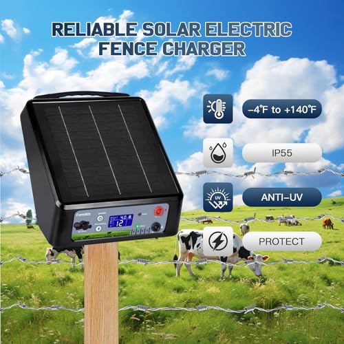 20 Miles Solar Electric Fence Charger Kit, 0.3-2.0J Adjustable, LED | 6KV/8KV/10KV/12KV, 6W 18Ah Rechargeable Solar Panel, 24H Uninterrupted Protection, Day/Night Mode, Portable, IP55 Waterproof - color: Black