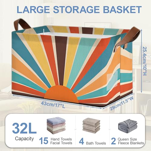 Boho Abstract Sun Collapsible Storage Box,Geometric Organizer Bin with Handles for Room Decoration,Bins Book Basket Box 17x11.5x10Inch - color: Boho Abstract Sun Geometric