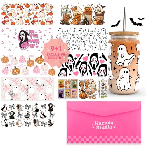 9 Sheets UV DTF Cup Wraps Halloween Transfer Stickers for 16oz Glasses | Waterproof rub on transfers, Vibrant blank glass tumbler decals with excellent 3D gloss finish, fit 16oz libbey glasses - style: Halloween