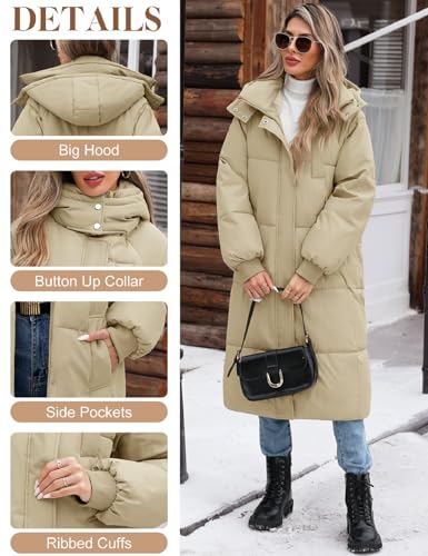 Women Long Puffer Coat Winter Warm Hooded Jacket Long Sleeve Parka Full Length Down Coats With Zip - color: Khaki, size: Small