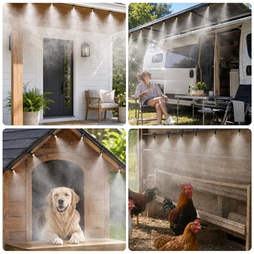 Misters for Outside Patio with Timer, Misting Cooling System with 33FT Hose and 8 Brass Nozzles, 9 Modes, 3/4” NPT Faucet Adapter, Automatic Misters for Chicken Coop Backyard Garden Porch Gazebos