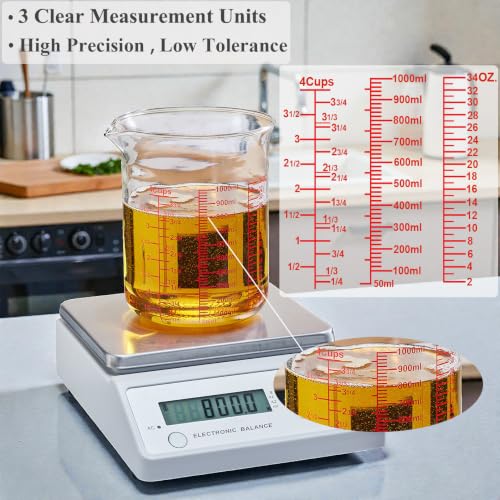 Ackers BORO3.3 Borosilicate Glass Measuring Cup with V-Spout, 1000 ml | Red printed ml, fl oz and cup scales with a wide opening for cooking, baking, mixing and liquid transfer - size: 4Cup,1000ML