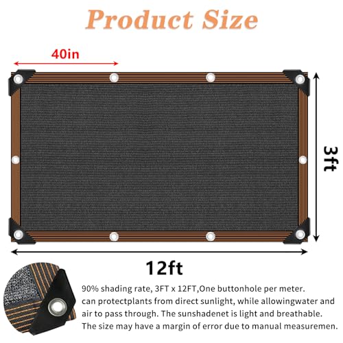 Shade Cloth, 80%-90% Garden Shade Mesh Net with Grommets, Outdoor Black Sunblock Neting Antifreezing Cover for Plant Pergola Patio Greenhouse Chicken Coop, 3x12FT - size: 3x12FT