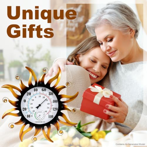 20" Large Outdoor Thermometer, Sun Outside Decor for Patio Yard Garden | Thermometer & Hygrometer Combo, 10" Dial Large Number Wall Mount Temperature Easy to Read, No Battery Needed Waterproof