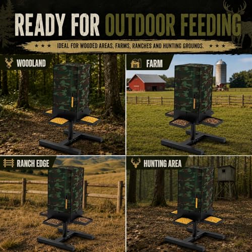 80 lbs Deer Feeder, Gravity Deer Feeder w/Adjustable Feed Outlet | 4 Feeding Tray, View Window, Weatherproof Camo Cover, Metal Deer Feeders for Woodland, Farm, Ranch & Hunting Grounds