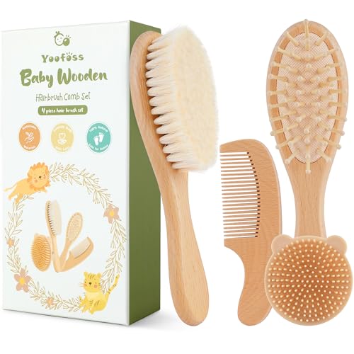 Yoofoss 4 Piece Baby Brush and Comb Set, Wooden Baby Brush with Natural Ultra Soft Goat Hair, Baby Hair Brush for Newborn, Baby Brush Set for Boy Girl - color: Wood