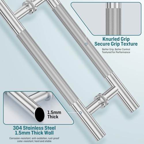 Ranbo 18" Knurled Door Pull Handle, 12" (305mm) CTC, Polished Chrome | Heavy Duty 1.5mm 304 Stainless Steel, Back to Back Pull Handles for Interior, Shower, Barn, Commercial Doors, Enhanced Grip - size: 18 Inch