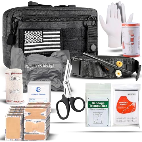 IFAK Trauma Kit with Tourniquet, 4-Inch Israeli Bandage, Elastic Bandages, Set of 34 Pieces Tactical First Aid Kit for Car, Camping, Hiking and Travel (Black) - color: Black