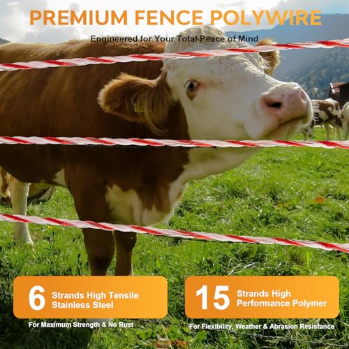 Electric Fence Polywire, 3280FT 6-Strand Stainless for Livestock | Farms & Ranches, 1000M Length, 6 Stainless Steel Strands, High Visibility Red & White, Fits Horses, Cattle, Sheep & Goats