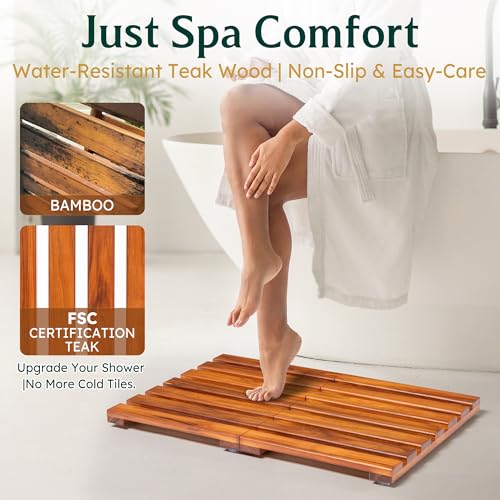 21x14 Teak Shower Mat, Non-Slip Solid Wood Bath Duckboard | Fast-Drying Spa-Style Wooden Slat, Heavy Duty Floor Panel for Bathroom, Indoor & Outdoor Use - size: 21" x 14" (Rectangular)