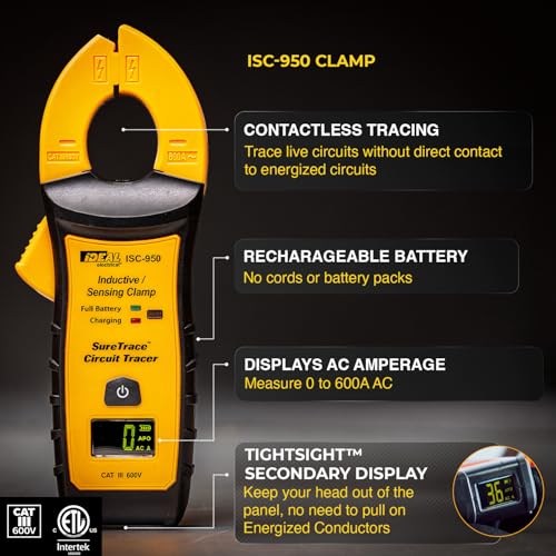 Ideal Electrical SureTrace Pro Circuit Tracer (61-950), 0-600 Volts | Non-contact voltage tester, continuity test, receptacle testing, measures AC amperage to 600A, find breakers, faults, & more