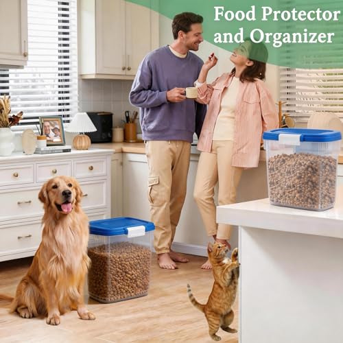 10-15 Lbs Dog Cat Pet Food Storage Container Airtight, Slim Dry Food Bin | Clear Plastic Food Container for Dogs, Cats, Bird Seeds, Kibble, Pellets, Rice, Flour, Food Container with Lid, Scoop and Cup - color: Sapphire Blue