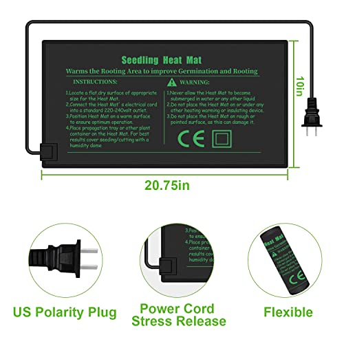 Seedling Heat Mat with Thermostat 40-108 Degrees Fahrenheit Warming Pad, Warm Hydroponic Heating Pad with Controller for Germination, 10" x 20.75" UL & MET-Certified | MET-Certified, Waterproof, Warm Hydroponic Heating Pad, For Reptile, Germination, Green