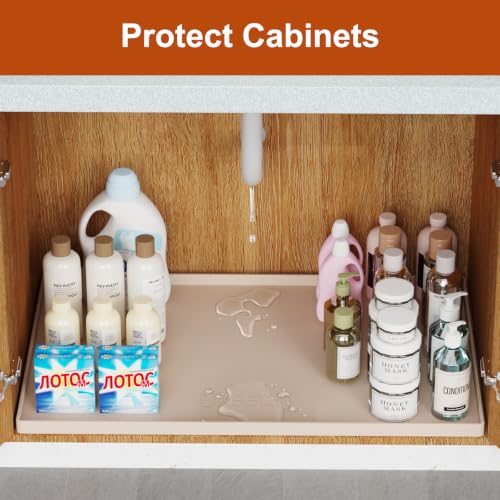 22" x 19" Extra Thick Silicone Mat Waterproof with Raised Edge, Beige | Under Sink Mat for Kitchen & Bathroom, Kitchen Cabinet Liner, Multi-Purpose for Storage & Protection - color: Beige, size: 22"L x 19"W