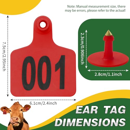 100PCS Cattle Ear Tags Numbered 001-100,Plastic Livestock Ear Tags with Animal Identification Tags for Cattle Cows Hogs Pigs Sheep Goats (RED) - color: RED