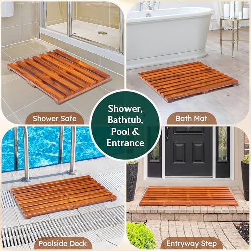 21x14 Teak Shower Mat, Non-Slip Solid Wood Bath Duckboard | Fast-Drying Spa-Style Wooden Slat, Heavy Duty Floor Panel for Bathroom, Indoor & Outdoor Use - size: 21" x 14" (Rectangular)